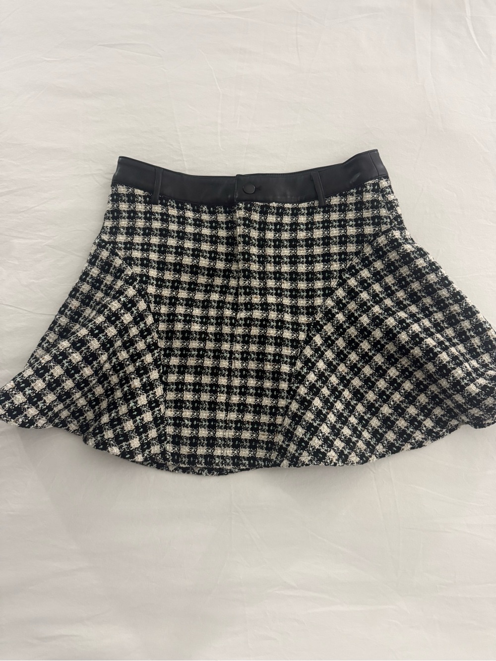 VENUS Black and White Plaid Tweed Flared Mini Skirt with Faux Leather Waistband